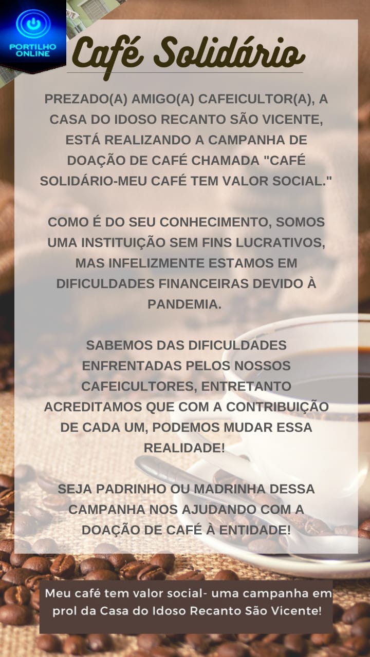 👉👍👏✍☕☕☕Campanha Café Solidário renda em prol da Casa do Idoso. Meu café tem valor social