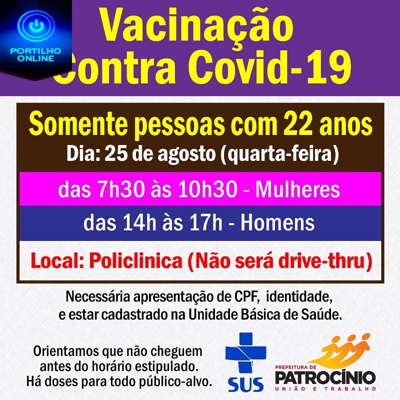 💉💉💉💉💉🌡🤧😷👍 VACINAÇÃO PARA HOMENS E MULHERES DE ‘ 22 ‘ ANOS. NÃO SERÁ DRIVE THRU, VAI SER “A PÉ THRU” NA POLICLINICA