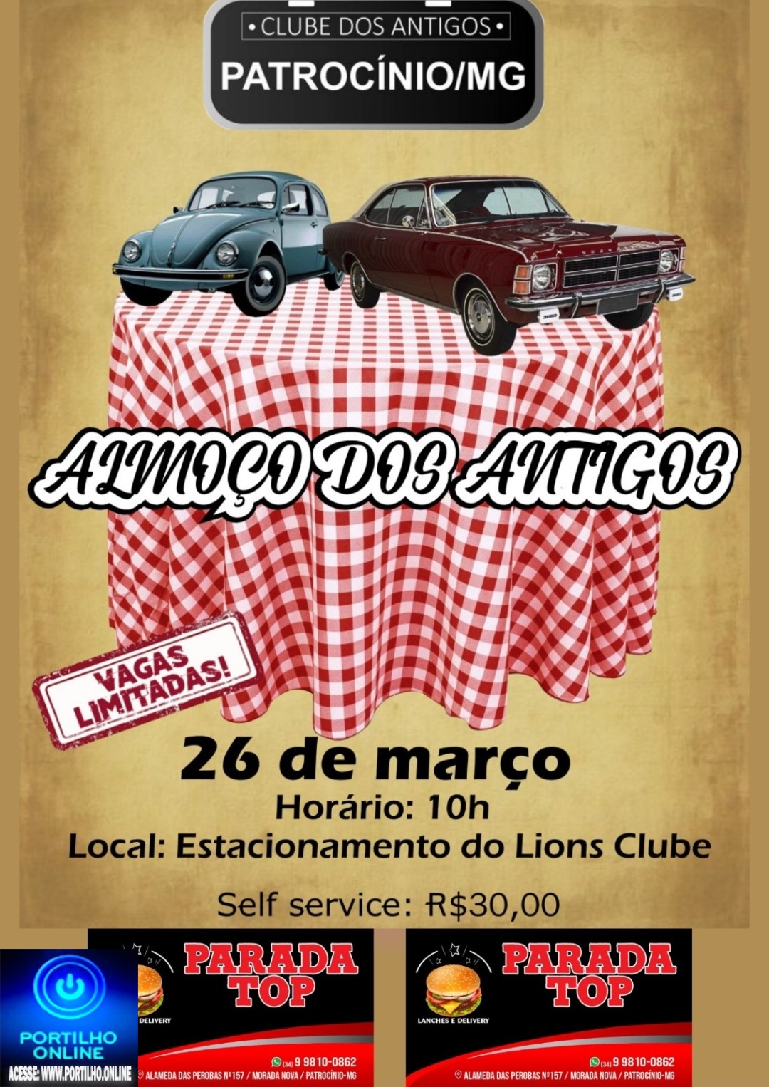 👉📢👍🚚🚗🚕🚙VEM AÍ… O ” ALMOÇO DOS ANTIGOS”!!! DIA 26 DE MAIO, NO ESTACIONAMENTO DO LIONS, AO LADO DO ESPAÇO LIBERAL!!!