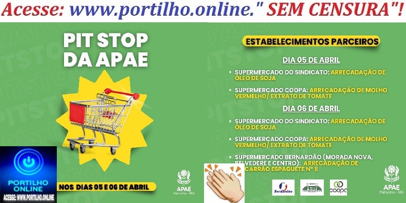 👉🙌👀🙏👏🤝👍✍Pit Stop da APAE!!! Nos dias 05 e 06 de abril