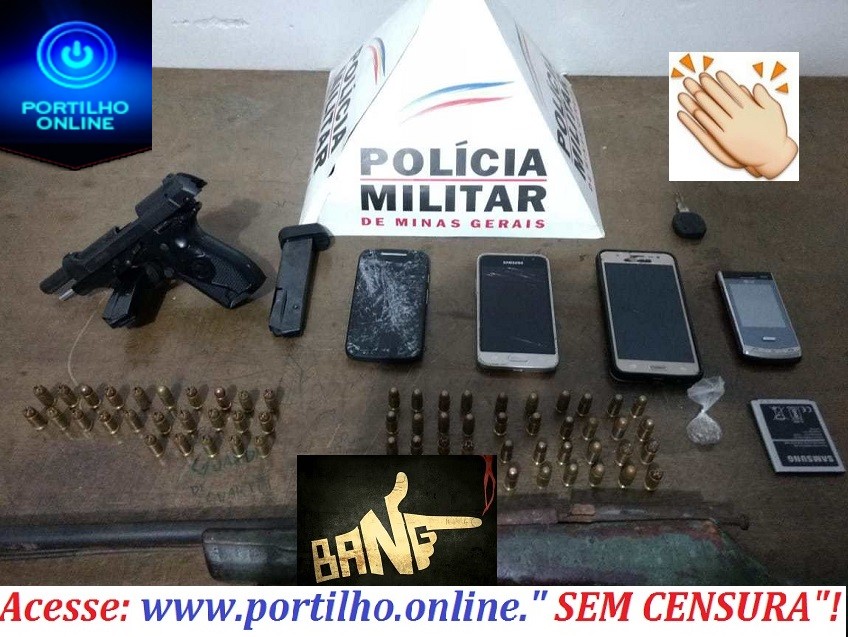 Duas pessoas foram levadas para a delegacia. PM apreende armas, munições, celulares e droga em Patrocínio