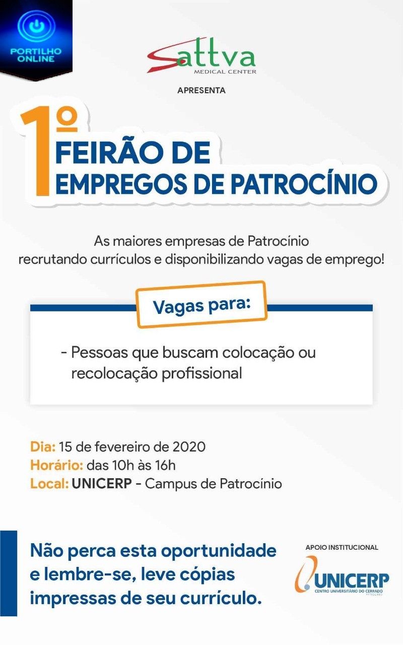 UNICERP INFORMA…1º Feirão de Empregos de Patrocínio acontecerá no UNICERP no dia 15