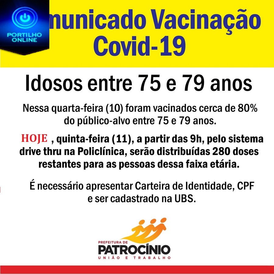 ATUALIZANDO…👉👍👏👊💉💉💉💉VACINAÇÃO NESSA SEXTA FEIRA… IDADE 75 E 79 ANOS… CORRE PARA A SUA AGUALHADA DA VIDA…