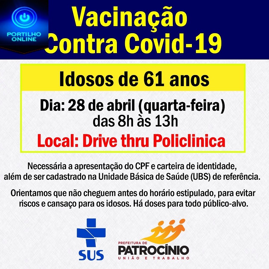 👉👍👊🤙👍👍👍👍🙌🙌🙌💉💉💉💉💉VACINAÇÃO NESTA QUARTA FEIRA DIA, 28/04/2021 NA POLICLINICA:  HORÁRIO DE 08 ÁS 13: HORAS.