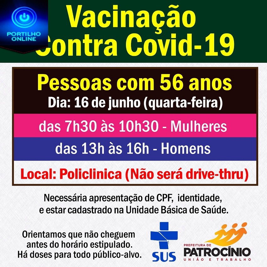 👉💉💉💉💉💉🌡🤧😷👍 ALELUIA!!!VACINAÇÃO PARA HOMENS E MULHERES DE 56 ANOS. NÃO SERÁ DRIVE THRU, VAI SER “A PÉ THRU” NA POLICLINICA.