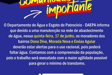 👉👍💦💧DAEPA INFORMA… ATENÇÃO MORADORES DOS BAIRROS: DONA DIVA, MORADA NOVA E ENÉAS. PODERA FALTAR AGUA NESSES BAIRROS…