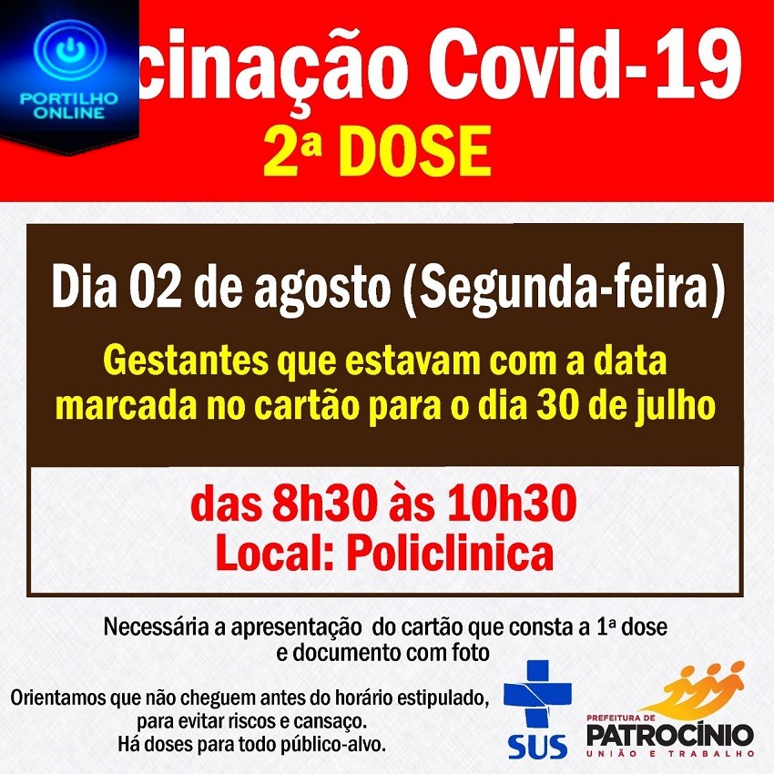 💉💉💉💉💉🌡🤧😷👍 VACINAÇÃO, DIA, 02/08/2021 PARA  MULHERES  GESTANTES NA POLICLINICA. E VACINAÇÃO SEGUNDA DOSE DRIVE THRU NO ESPAÇO CULTURAL!!