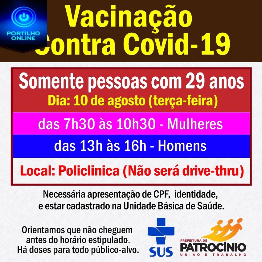 💉💉💉💉💉🌡🤧😷👍 VACINAÇÃO PARA HOMENS E MULHERES DE ‘ 29‘ ANOS. NÃO SERÁ DRIVE THRU, VAI SER “A PÉ THRU” NA POLICLINICA.