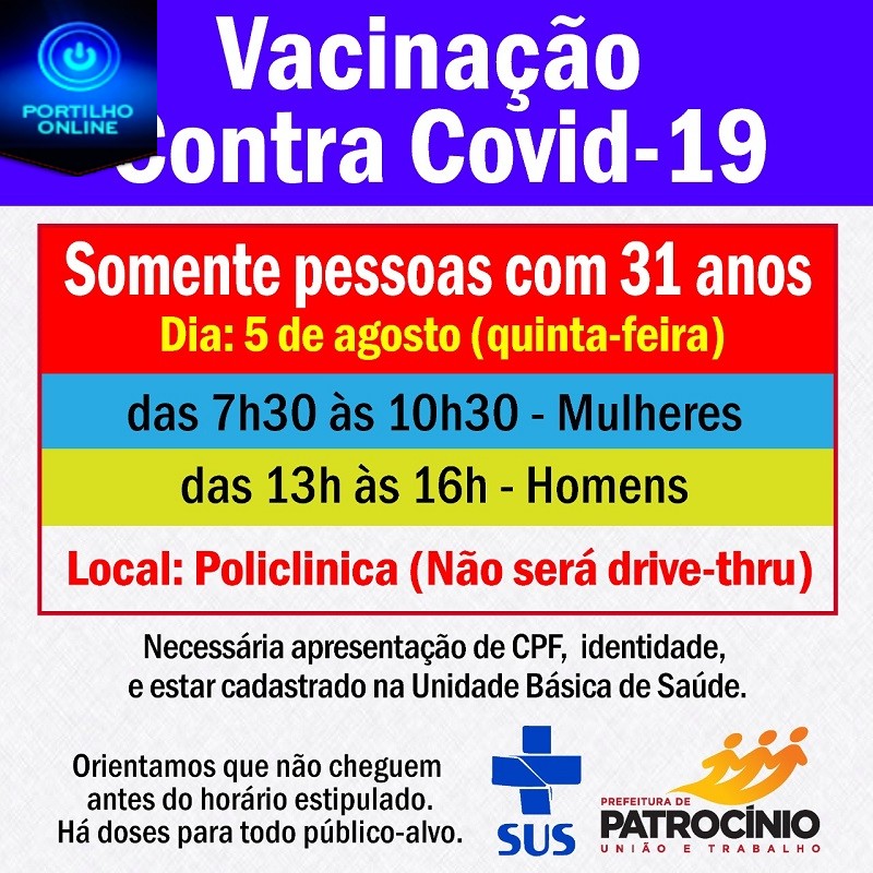 💉💉💉💉💉🌡🤧😷👍 VACINAÇÃO PARA HOMENS E MULHERES DE ‘ 31‘ ANOS. NÃO SERÁ DRIVE THRU, VAI SER “A PÉ THRU” NA POLICLINICA.