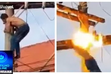 👉📢🚒🚓🚑🚑🚓🚨⚡⚡⚡VÍDEO: Homem toma choque em fio de alta tensão após subir em poste; assista