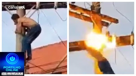 👉📢🚒🚓🚑🚑🚓🚨⚡⚡⚡VÍDEO: Homem toma choque em fio de alta tensão após subir em poste; assista