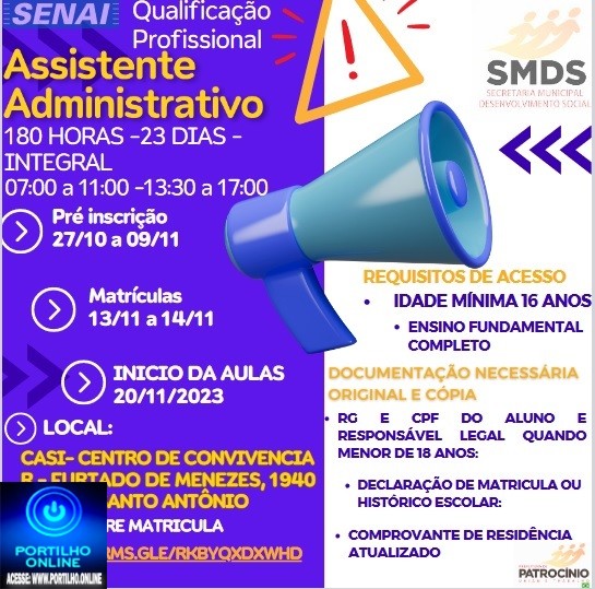 💥👏🤝👍✍📢SENAI e Secretaria de Desenvolvimento Social oferecem curso gratuito de Assistente Administrativo