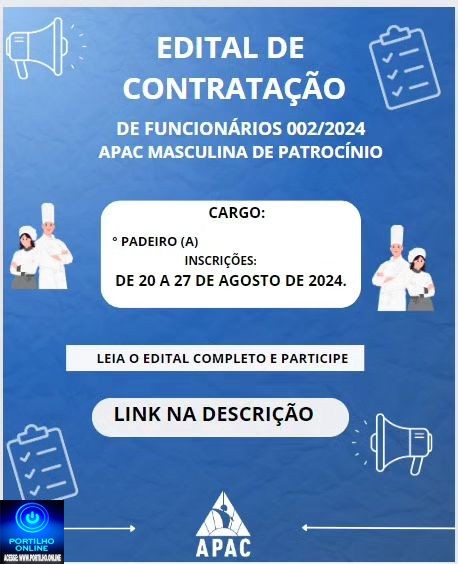 📢👉🛠👊👍🤝👀✍🤙Oportunidade de EMPREGO: APAC de Patrocínio anuncia vaga de Emprego