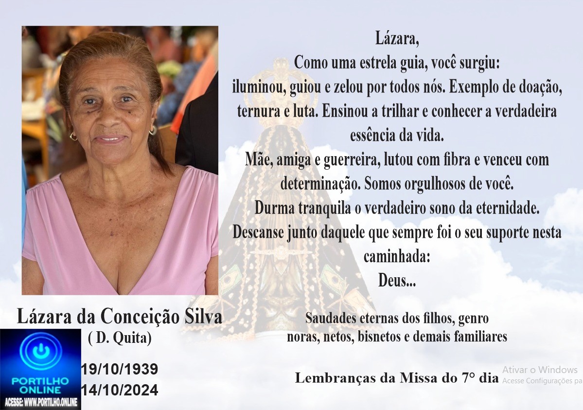 👉📢⛪🕍💒MISSA DE 7 (sétimo)👉🙌😪⚰🕯🙏 A família da Lázara da Conceição Silva( Dona Qita)…A família agradece sensibilizada as manifestações de pesar recebidas pelo seu falecimento e comunica a realização de Missa de Sétimo dia por intenção de sua boníssima alma.