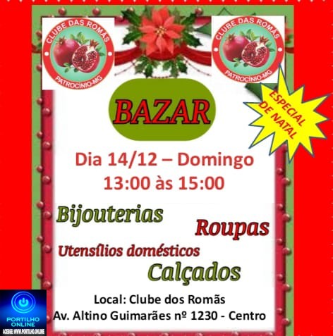 👉📢👏👘🧥👖👗👚👕🧦👢👜👓👟👞BAZAR BENEFICENTE!!! Neste domingo dia, 14/12/2025 das 13: 00 ás 15:00 no CLUBE DÁS ROMÃS!!!