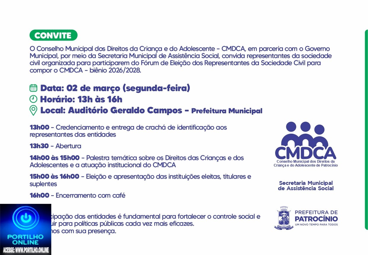 👉🏻👍🏻🙌🏻👏🏻Assistência Social, convida você para o Fórum de Eleição dos Representantes da Sociedade Civil para compor o CMDCA – biênio 2026/2028.