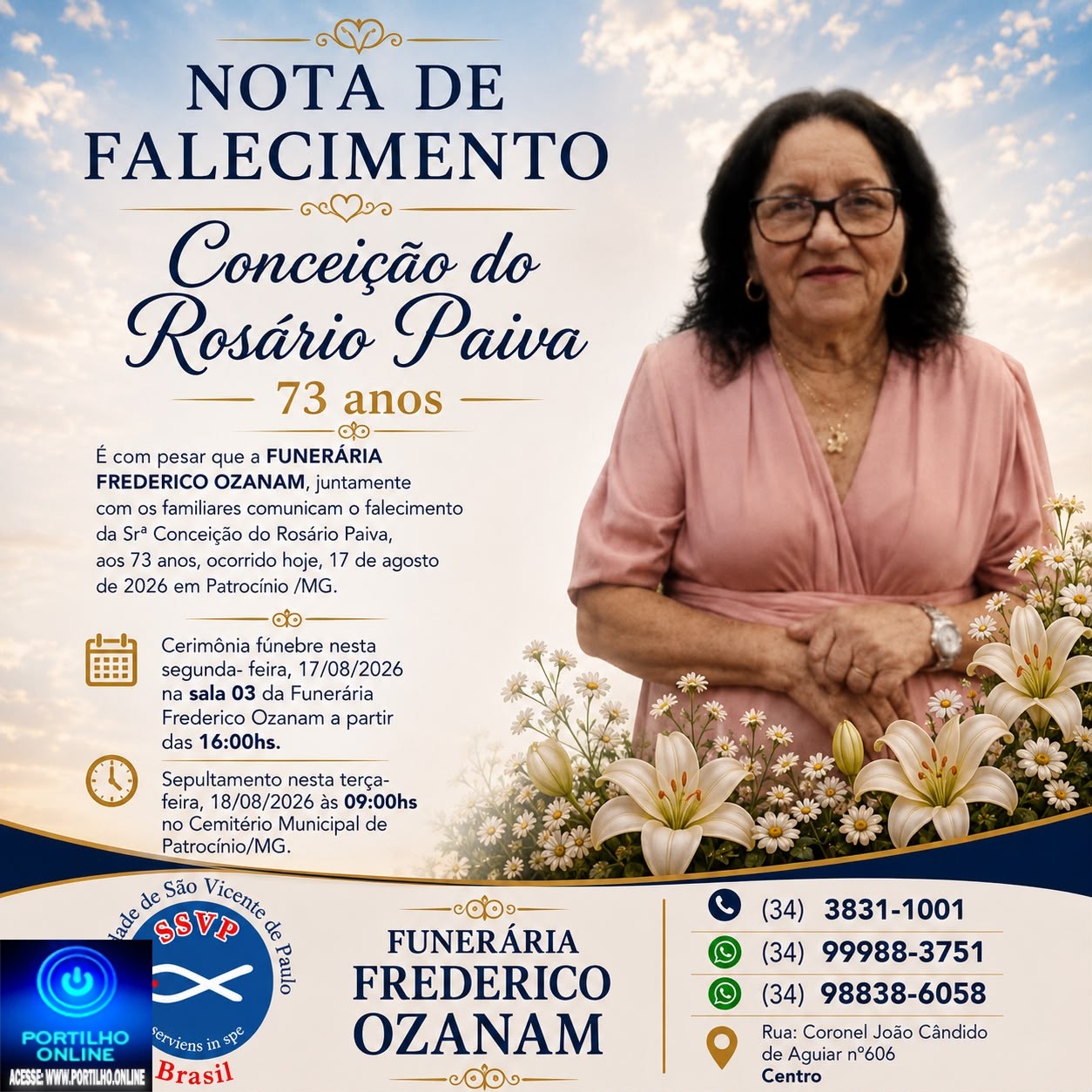 👉 LUTO 😱😭😪⚰🕯😪 NOTA DE FALECIMENTO. FUNERÁRIA FREDERICO OZANAM INFORMA….👉🏻😱😥😓Faleceu em Patrocínio- a Sra: Conceição do Rosário Paiva 73 anos