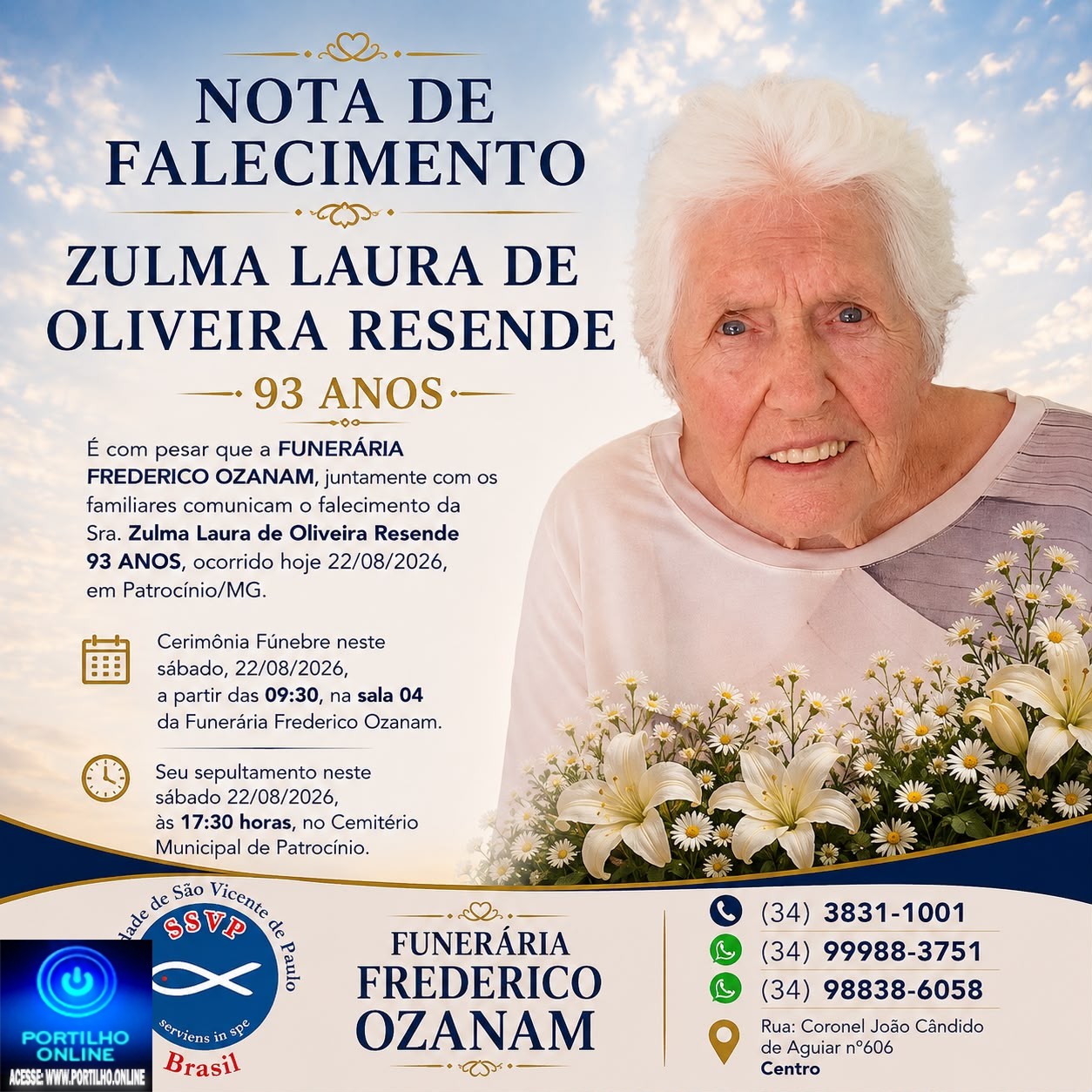 👉 LUTO 😱😭😪⚰🕯😪 NOTA DE FALECIMENTO. FUNERÁRIA FREDERICO OZANAM INFORMA….👉🏻😱😥😓Faleceu em Patrocínio- a Sra: ZULMA LAURA DE OLIVEIRA RESENDE 93 ANOS