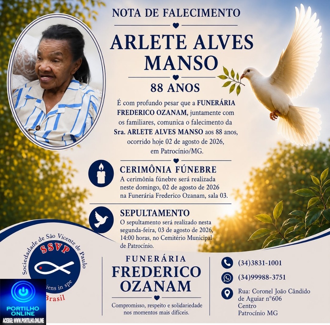 👉 LUTO 😱😭😪⚰🕯😪 NOTA DE FALECIMENTO. FUNERÁRIA FREDERICO OZANAM INFORMA….👉🏻😱😥😓Faleceu em Patrocínio- a Sra:   ARLETE ALVES MANSO  88 ANOS