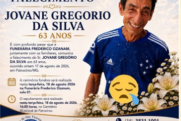 👉 LUTO 😱😭😪⚰🕯😪 NOTA DE FALECIMENTO. FUNERÁRIA FREDERICO OZANAM INFORMA….👉🏻😱😥😓Faleceu em Patrocínio- a Sr:  JEOVANE GREGORIO DA SILVA  63 ANOS