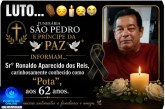 👉LUTO…⚰😔🕯😪😭FUNERÁRIA SAO PEDRO E PRÍNCIPE DA 🕊PAZ🕊🕊 INFORMAM… Faleceu ontem em Patrocinio-MG o Srº Ronaldo Aparecido dos Reis, carinhosamente conhecido como “Pota”, aos 62 anos.