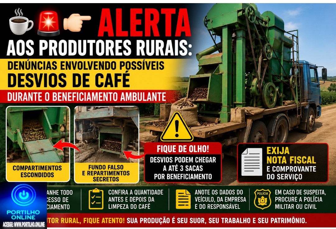 👉🏻😱🚔🧐👀 Café roubado ☕🚨🫵🏻 ALERTA AOS PRODUTORES RURAIS: DENÚNCIAS ENVOLVENDO POSSÍVEIS DESVIOS DE CAFÉ DURANTE O BENEFICIAMENTO AMBULANTE 