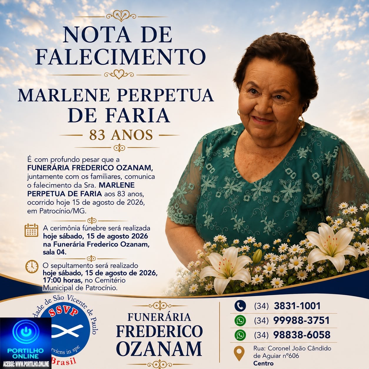 👉 LUTO 😱😭😪⚰🕯😪 NOTA DE FALECIMENTO. FUNERÁRIA FREDERICO OZANAM INFORMA….👉🏻😱😥😓Faleceu em Patrocínio- a Sra: MARLENE PERPETUA DE FARIA 83 ANOS