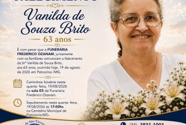 👉 LUTO 😱😭😪⚰🕯😪 NOTA DE FALECIMENTO. FUNERÁRIA FREDERICO OZANAM INFORMA….👉🏻😱😥😓Faleceu em Patrocínio- a Sra:  Vanilda de Souza Brito  63 anos