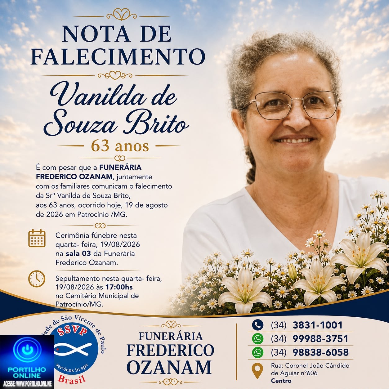 👉 LUTO 😱😭😪⚰🕯😪 NOTA DE FALECIMENTO. FUNERÁRIA FREDERICO OZANAM INFORMA….👉🏻😱😥😓Faleceu em Patrocínio- a Sra:  Vanilda de Souza Brito  63 anos