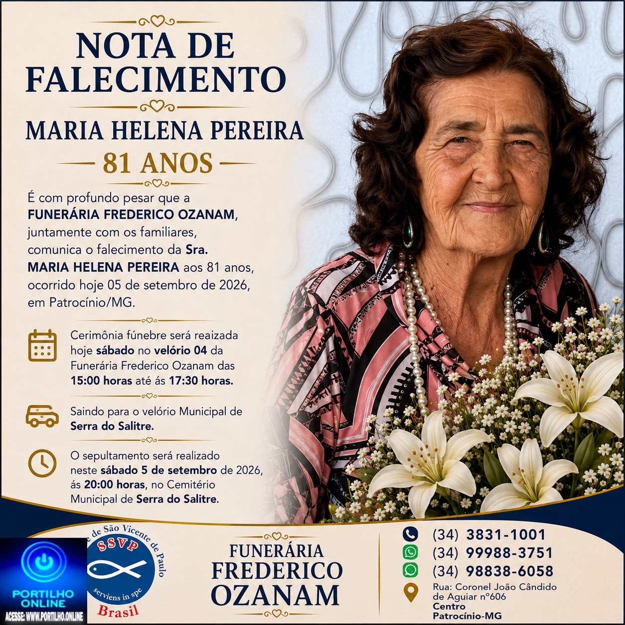 👉 LUTO 😱😭😪⚰🕯😪 NOTA DE FALECIMENTO. FUNERÁRIA FREDERICO OZANAM INFORMA….👉🏻😱😥😓Faleceu em Patrocínio- a Srª: MARIA HELENA PEREIRA 81 ANOS