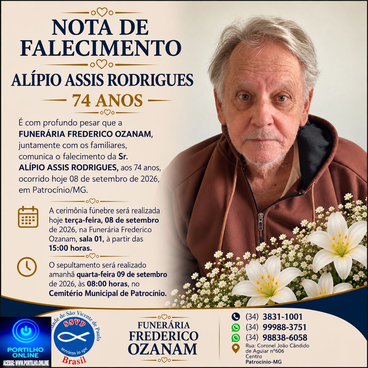 👉 LUTO 😱😭😪⚰🕯😪 NOTA DE FALECIMENTO… FUNERÁRIA FREDERICO OZANAM INFORMA….👉🏻😱😥😓Faleceu em Patrocínio- o Sr: ALÍPIO ASSIS RODRIGUES 74 ANOS