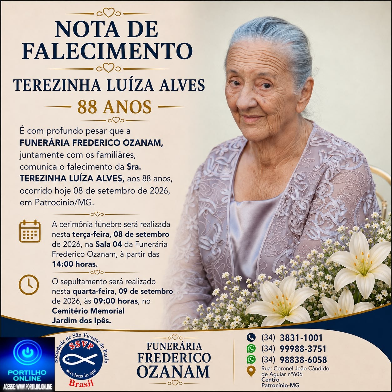 👉 LUTO 😱😭😪⚰🕯😪 NOTA DE FALECIMENTO. FUNERÁRIA FREDERICO OZANAM INFORMA….👉🏻😱😥😓Faleceu em Patrocínio- a Srª: TEREZINHA LUÍZA ALVES 88 ANOS