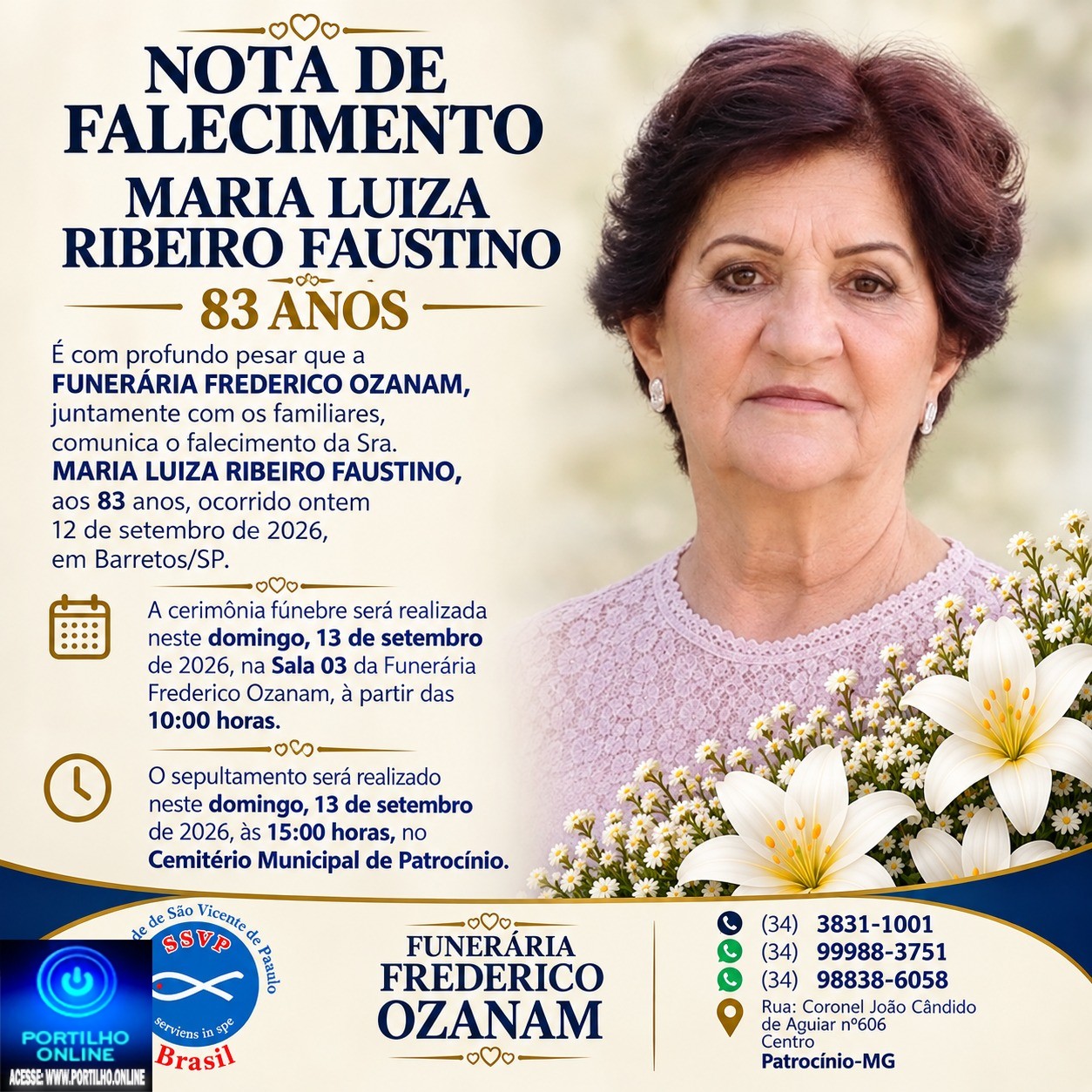 👉 LUTO 😱😭😪⚰🕯😪 NOTA DE FALECIMENTO. FUNERÁRIA FREDERICO OZANAM INFORMA….👉🏻😱😥😓Faleceu em Patrocínio- a Srª: MARIA LUIZA RIBEIRO FAUSTINO 83 ANOS