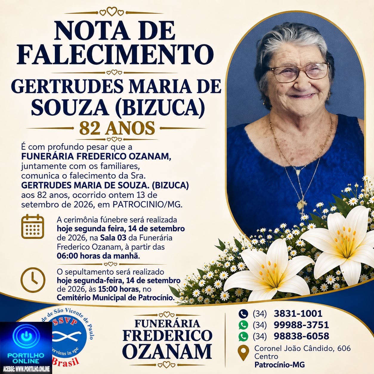 👉 LUTO 😱😭😪⚰🕯😪 NOTA DE FALECIMENTO. FUNERÁRIA FREDERICO OZANAM INFORMA….👉🏻😱😥😓Faleceu em Patrocínio- a Srª: GERTRUDES MARIA DE SOUZA.(BIZUCA) 82 ANOS