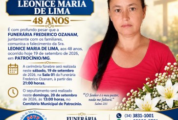 👉 LUTO 😱😭😪⚰🕯😪 NOTA DE FALECIMENTO. FUNERÁRIA FREDERICO OZANAM INFORMA….👉🏻😱😥😓Faleceu em Patrocínio- a Srª: LEONICE MARIA DE LIMA  48 ANOS