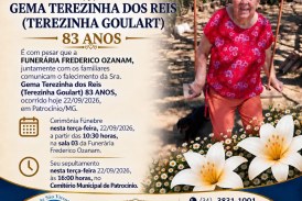 👉 LUTO 😱😭😪⚰🕯😪 NOTA DE FALECIMENTO. FUNERÁRIA FREDERICO OZANAM INFORMA….👉🏻😱😥😓Faleceu em Patrocínio- a Srª: GEMA TEREZINHA DOS REIS (TEREZINHA GOULART)  83 ANOS