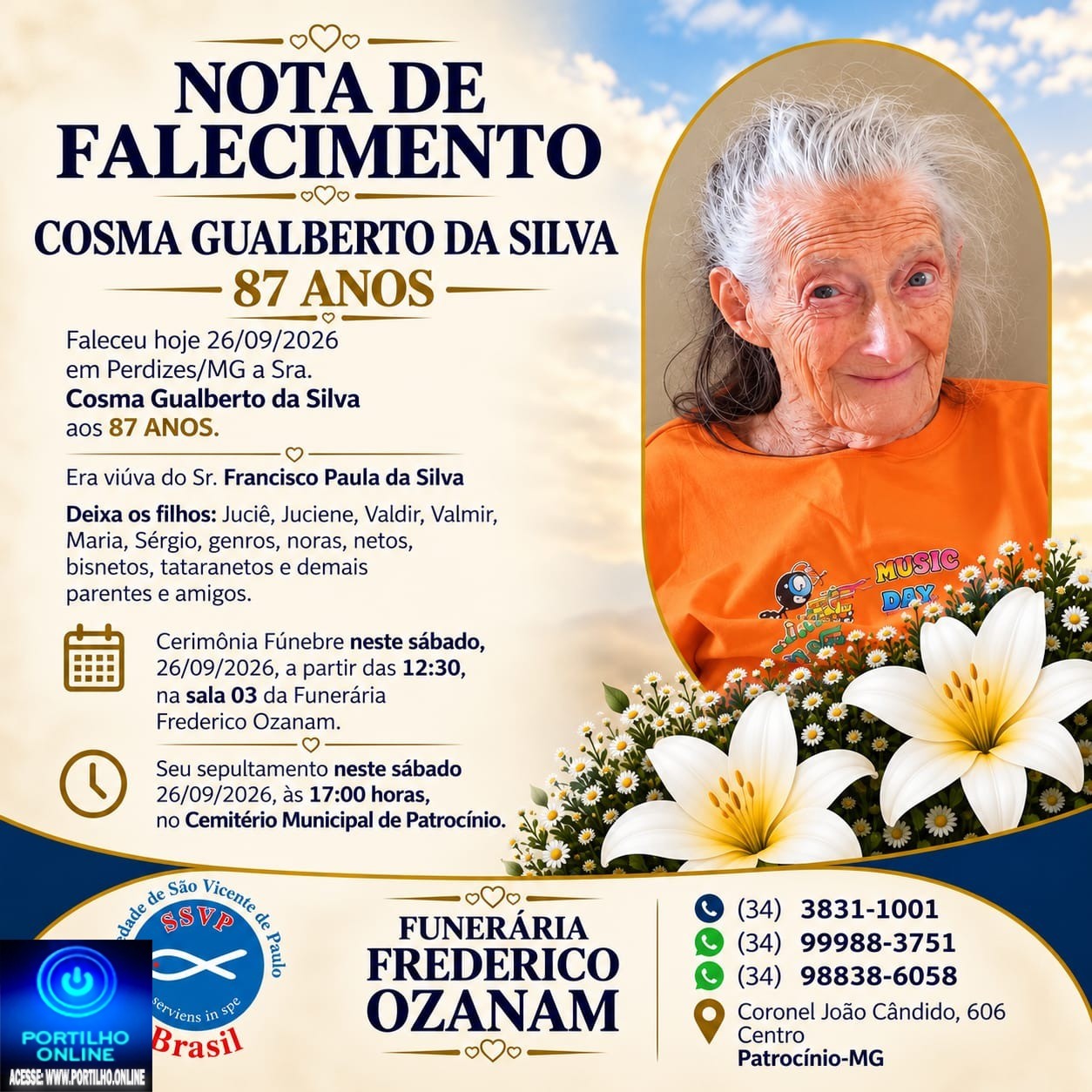 👉 LUTO 😱😭😪⚰🕯😪 NOTA DE FALECIMENTO. FUNERÁRIA FREDERICO OZANAM INFORMA….👉🏻😱😥😓Faleceu em Patrocínio- a Srª:  COSMA GUALBERTO DA SILVA, 87 ANOS