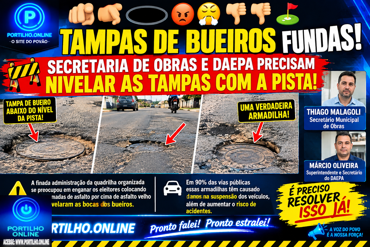 👉🫵🫵🕳️🕳️🕳️🕳️😡😤👎👎⛳ TAMPAS DE BUEIROS FUNDAS! 🚧🕳️ SECRETARIA DE OBRAS E DAEPA PRECISAM NIVELAR AS TAMPAS COM A PISTA!