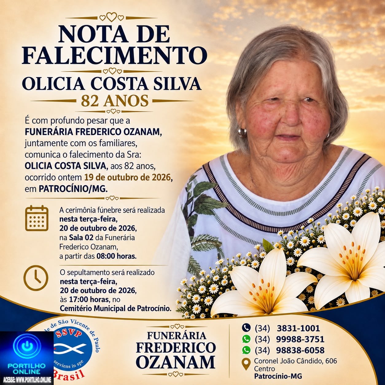 👉 LUTO 😱😭😪⚰🕯😪 NOTA DE FALECIMENTO. FUNERÁRIA FREDERICO OZANAM INFORMA….👉🏻😱😥😓Faleceu em Patrocínio- a Srª: OLICIA COSTA SILVA 82 ANOS