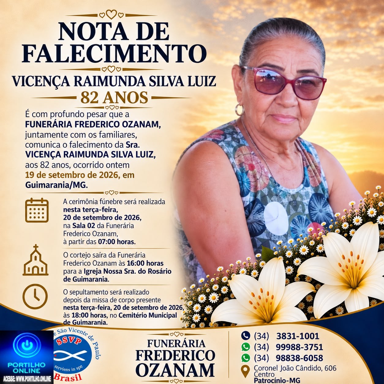 👉 LUTO 😱😭😪⚰🕯😪 NOTA DE FALECIMENTO. FUNERÁRIA FREDERICO OZANAM INFORMA….👉🏻😱😥😓Faleceu em Patrocínio- a Srª: VICENÇA RAIMUNDA SILVA LUIZ 82 ANOS