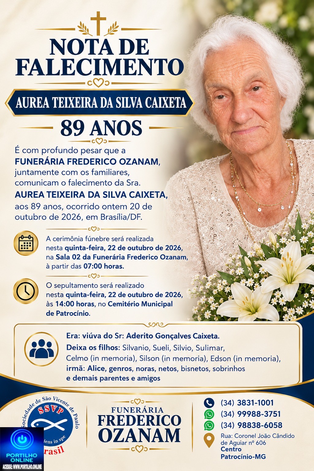 👉 LUTO 😱😭😪⚰🕯😪 NOTA DE FALECIMENTO. FUNERÁRIA FREDERICO OZANAM INFORMA….👉🏻😱😥😓Faleceu em Patrocínio- a Srª: AUREA TEIXEIRA DA SILVA CAIXETA 89 ANOS