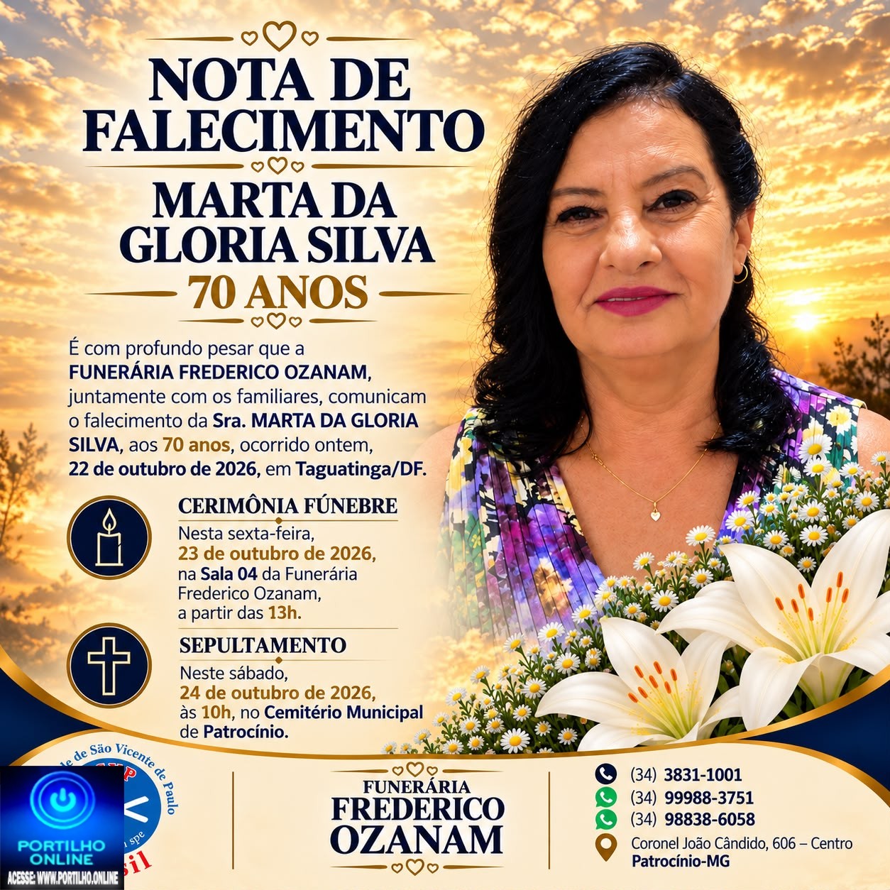 👉 LUTO 😱😭😪⚰🕯😪 NOTA DE FALECIMENTO. FUNERÁRIA FREDERICO OZANAM INFORMA….👉🏻😱😥😓Faleceu em Patrocínio- a Srª: MARTA DA GLORIA SILVA 70 ANOS