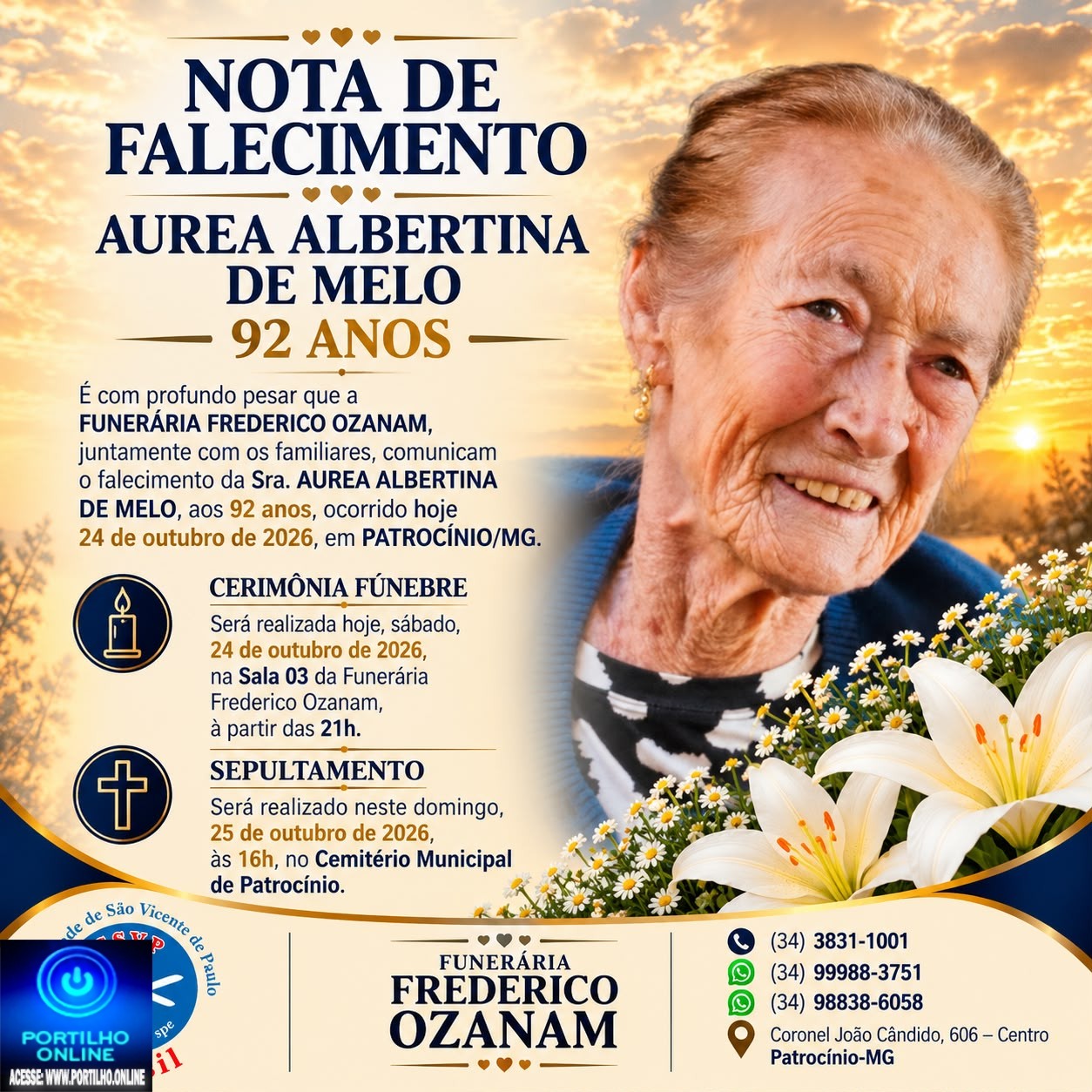 👉LUTO…⚰😔🕯😪😭FUNERÁRIA SAO PEDRO E PRÍNCIPE DA 🕊PAZ🕊🕊 INFORMAM… Faleceu em Patrocinio, a Sr.ª AUREA ALBERTINA DE MELO 92 ANOS