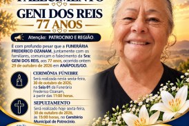 👉 LUTO 😱😭😪⚰🕯😪 NOTA DE FALECIMENTO. FUNERÁRIA FREDERICO OZANAM INFORMA….👉🏻😱😥😓Faleceu em Patrocínio- a Srª:  GENI DOS REIS  77 ANOS