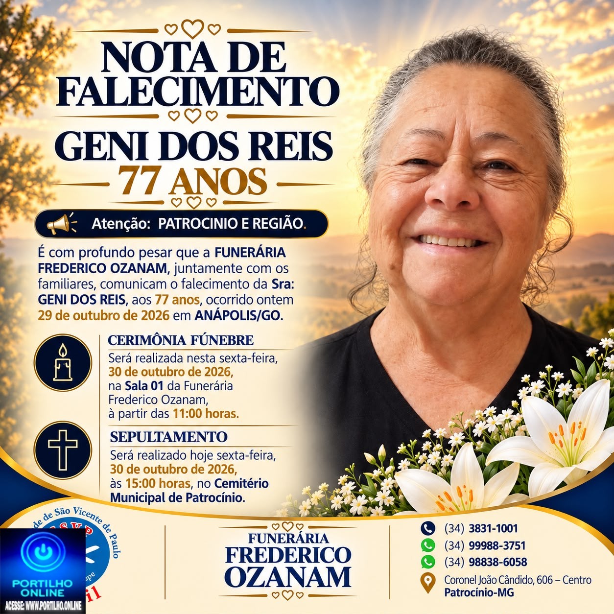 👉 LUTO 😱😭😪⚰🕯😪 NOTA DE FALECIMENTO. FUNERÁRIA FREDERICO OZANAM INFORMA….👉🏻😱😥😓Faleceu em Patrocínio- a Srª:  GENI DOS REIS  77 ANOS