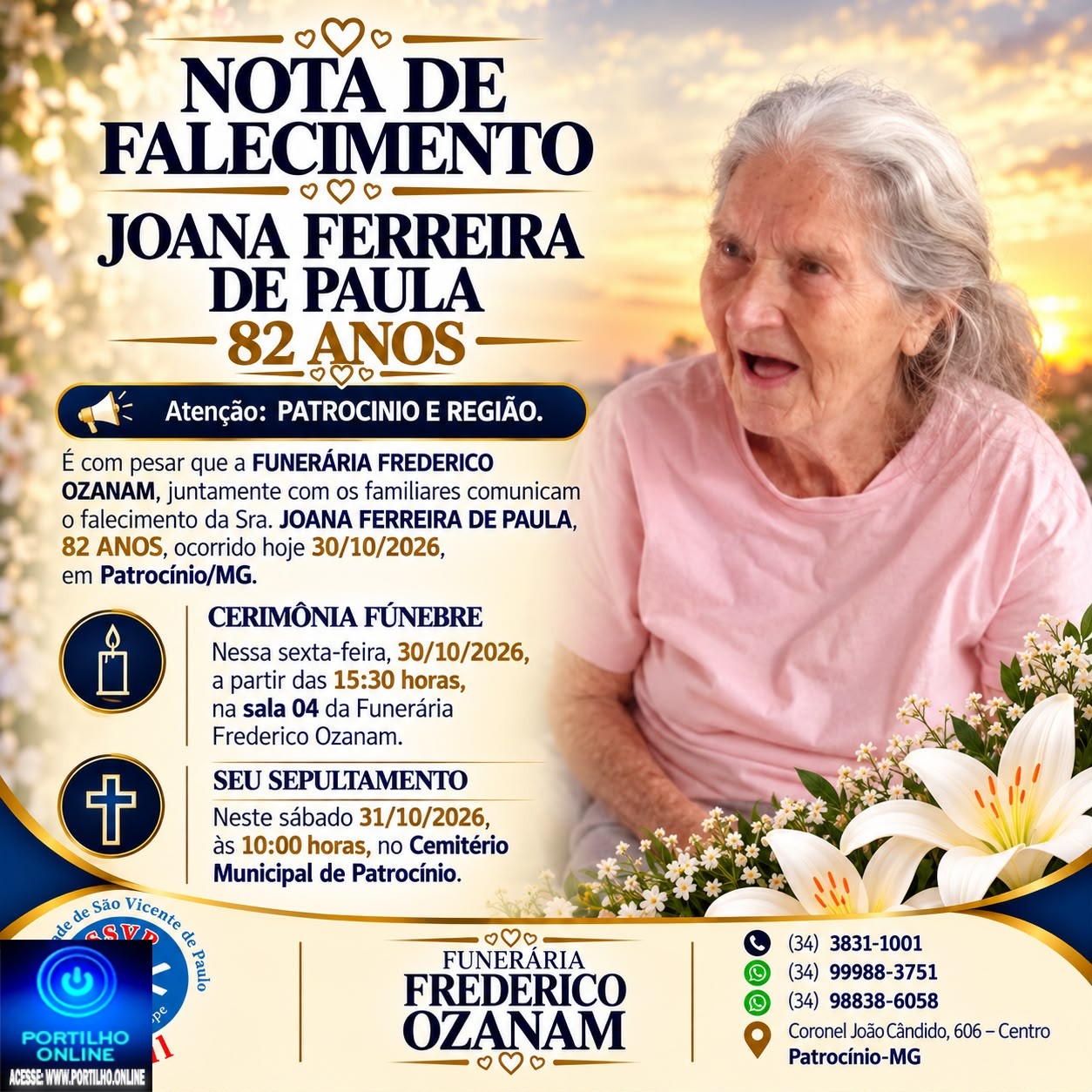 👉 LUTO 😱😭😪⚰🕯😪 NOTA DE FALECIMENTO. FUNERÁRIA FREDERICO OZANAM INFORMA….👉🏻😱😥😓Faleceu em Patrocínio- a Srª: JOANA FERREIRA DE PAULA 82 ANOS