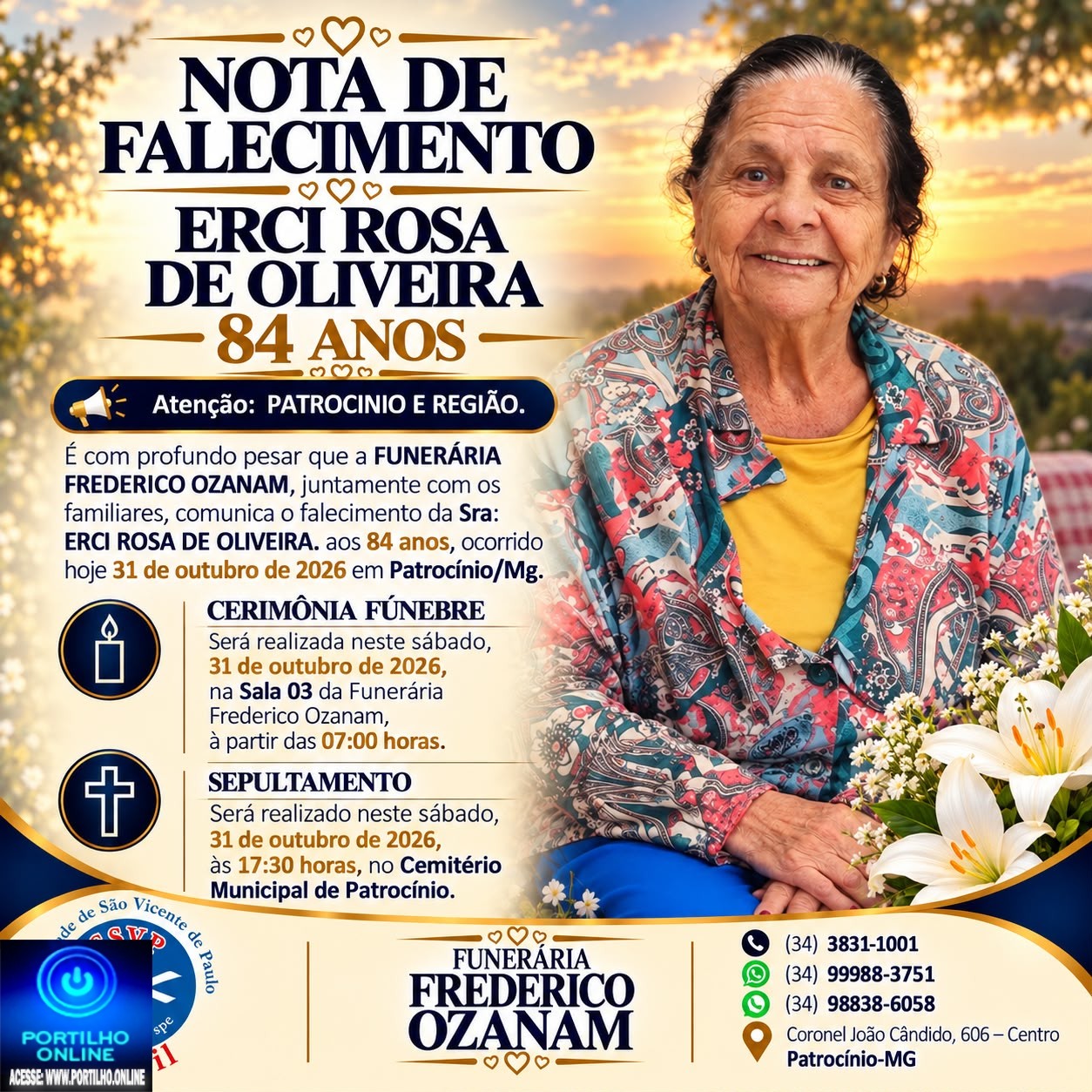 👉 LUTO 😱😭😪⚰🕯😪 NOTA DE FALECIMENTO. FUNERÁRIA FREDERICO OZANAM INFORMA….👉🏻😱😥😓Faleceu em Patrocínio- a Srª: ERCI ROSA DE OLIVEIRA 84 ANOs